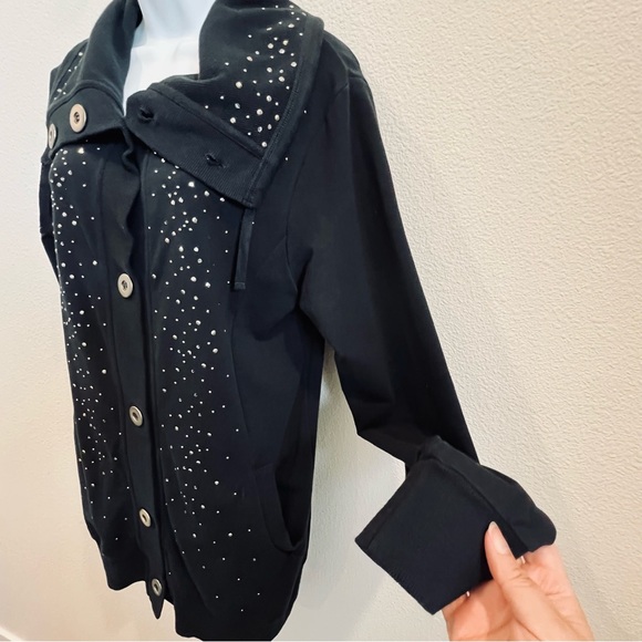 Christine Alexander women black embellish cardigan button front, pockets Sz M - Picture 6 of 13